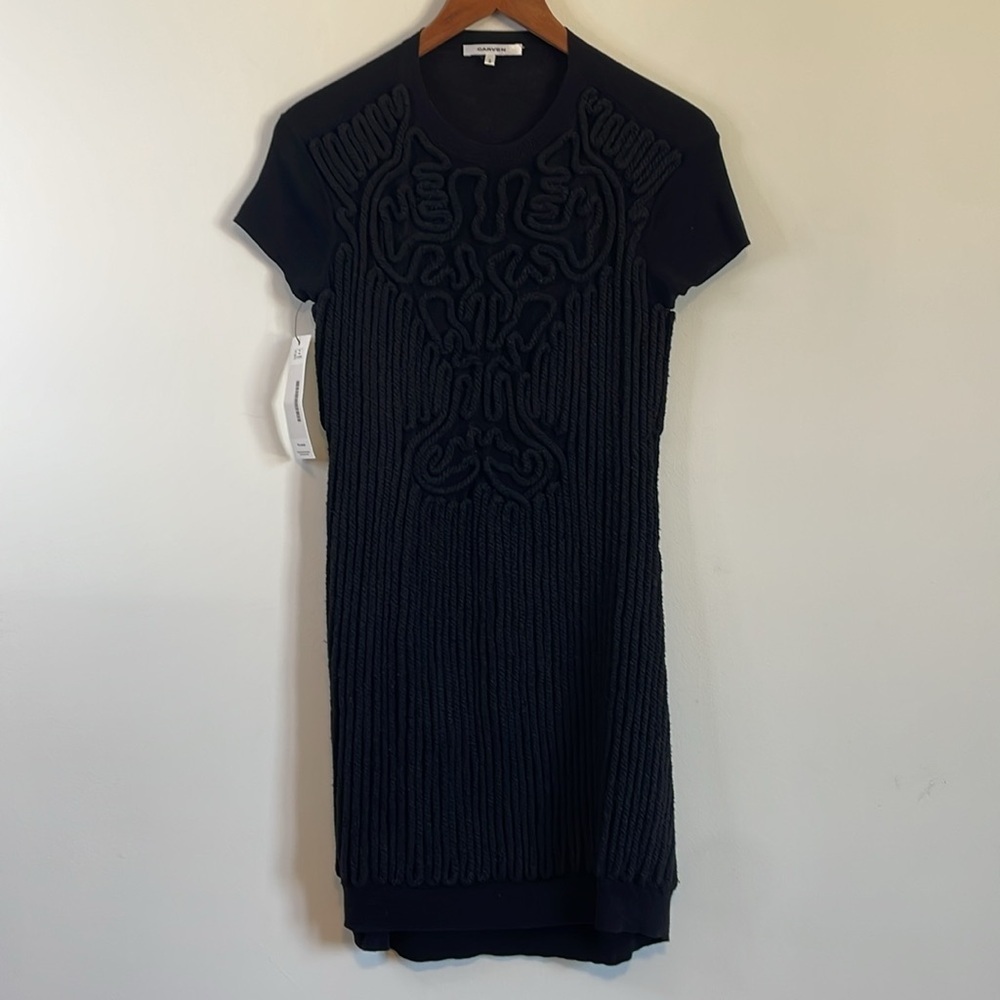 Carven Pattern Dress Black SM Minimal Artsy Mod Rope Shift Real Real Little LBD